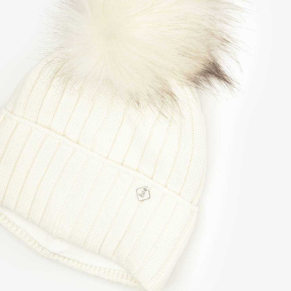 Jamiks-Knitted Pom-Pom Beanie Hat in Ecru | Childrensalon