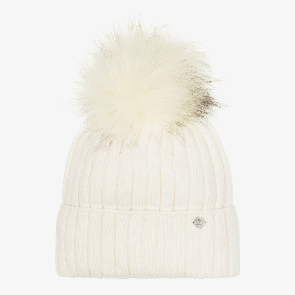 Jamiks-Knitted Pom-Pom Beanie Hat in Ecru | Childrensalon
