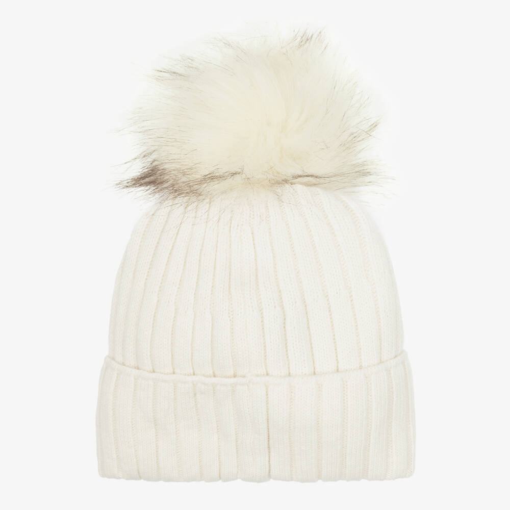 Jamiks-Knitted Pom-Pom Beanie Hat in Ecru | Childrensalon
