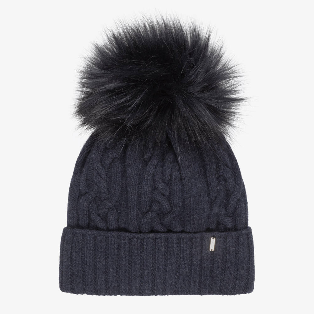 Jamiks-Navy Blue Knitted Pom-Pom Beanie Hat | Childrensalon