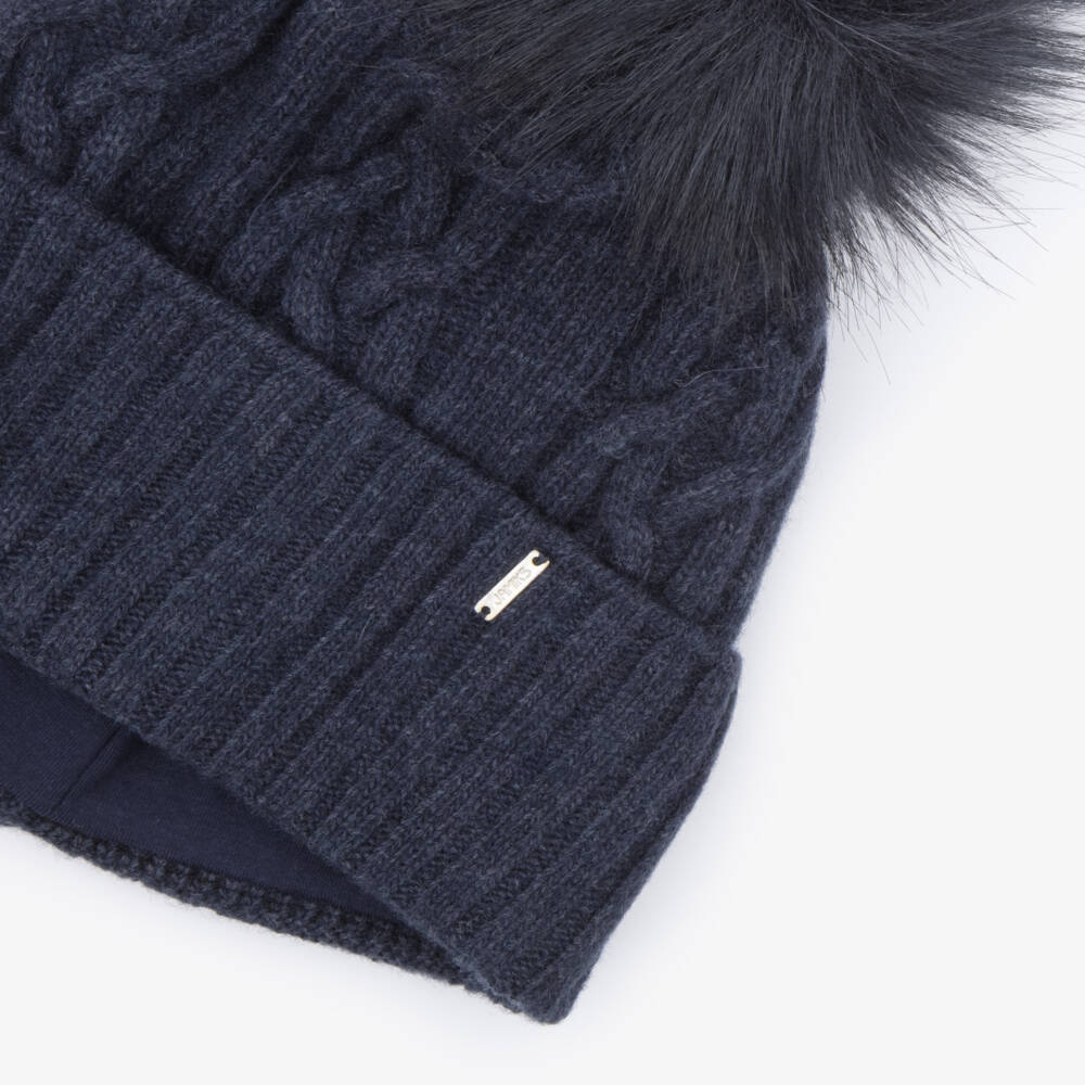 Jamiks-Navy Blue Knitted Pom-Pom Beanie Hat | Childrensalon
