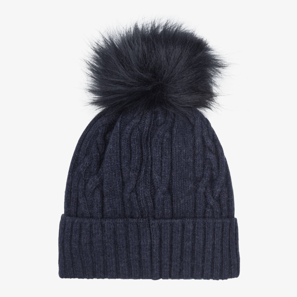 Jamiks-Navy Blue Knitted Pom-Pom Beanie Hat | Childrensalon