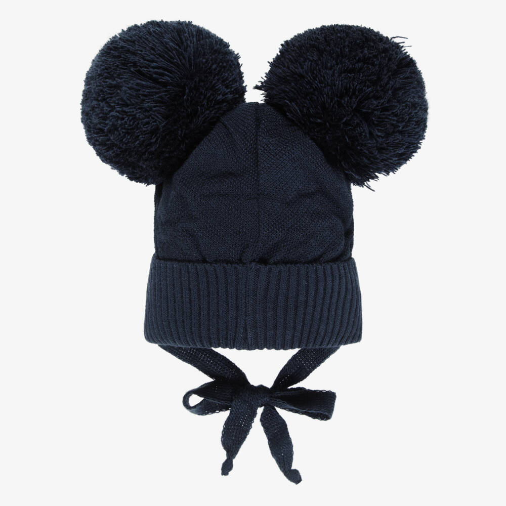 Jamiks-Navy Knitted Baby Hat with Yarn Pom-Poms | Childrensalon