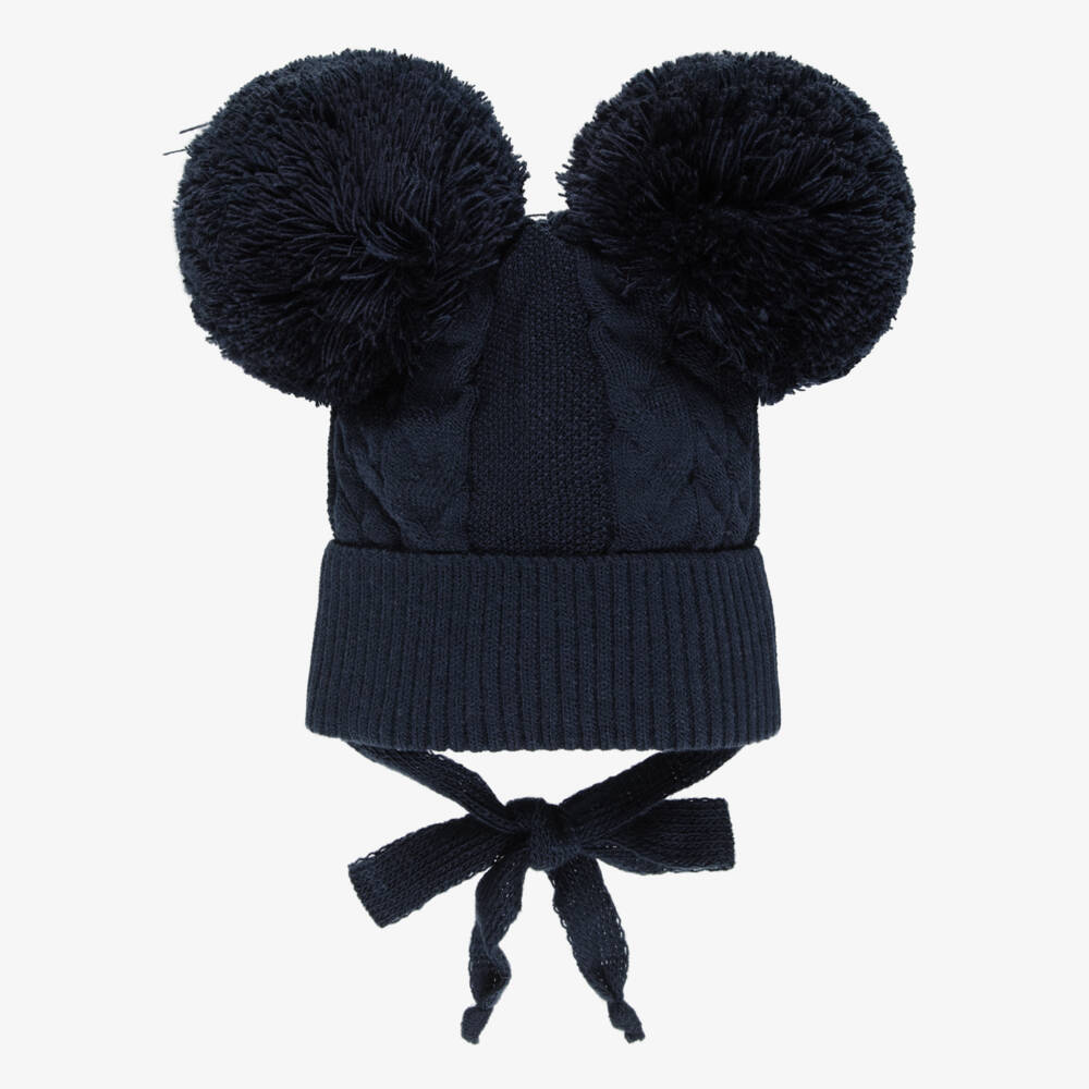 Jamiks-Navy Knitted Baby Hat with Yarn Pom-Poms | Childrensalon