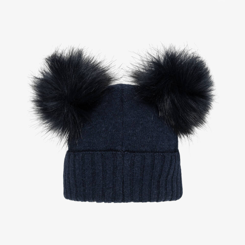 Jamiks-Navy Merino Wool Hat with Faux Fur Pom-Poms | Childrensalon