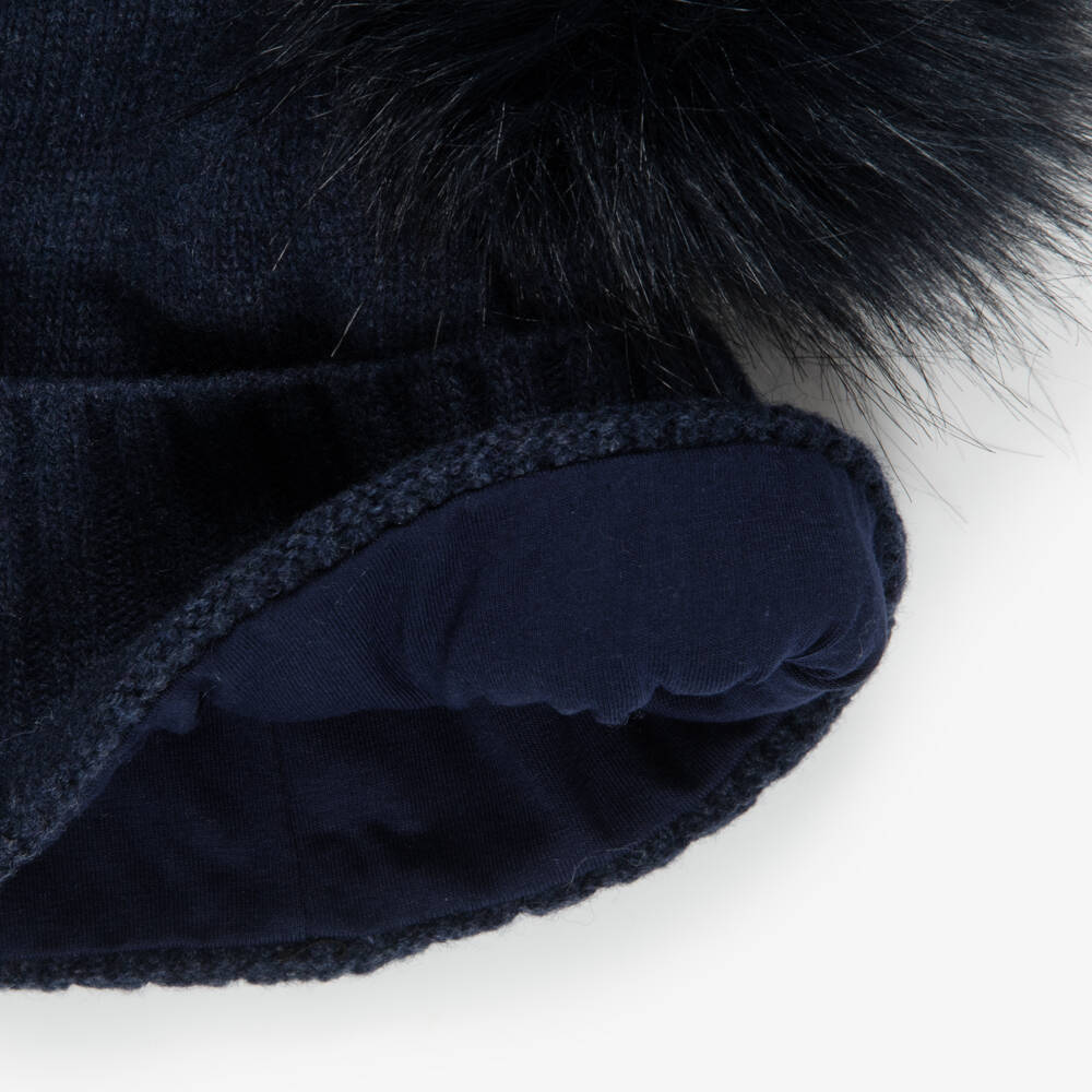 Jamiks-Navy Merino Wool Hat with Faux Fur Pom-Poms | Childrensalon