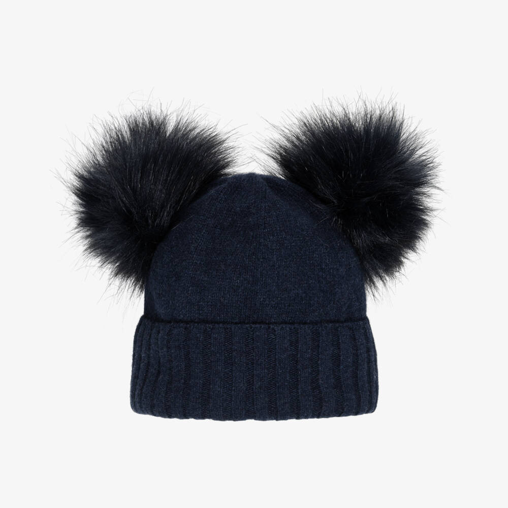 Jamiks-Navy Merino Wool Hat with Faux Fur Pom-Poms | Childrensalon