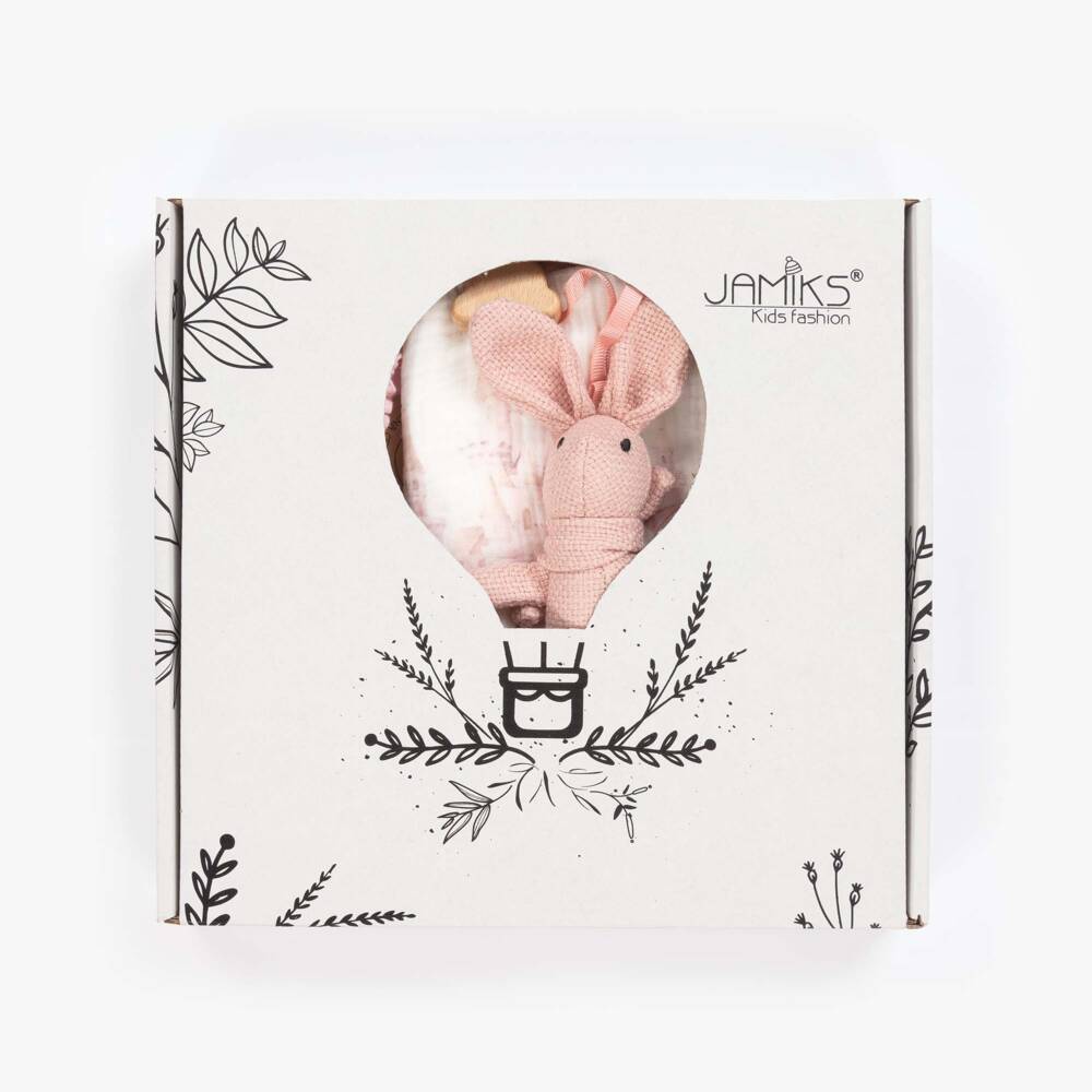 Jamiks-Pink Cotton Rabbit Muslin & Dummy Clip Set  | Childrensalon