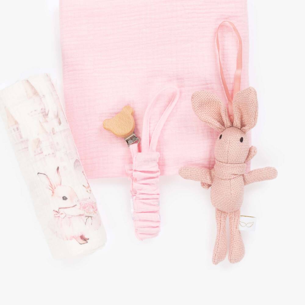 Jamiks-Pink Cotton Rabbit Muslin & Dummy Clip Set  | Childrensalon