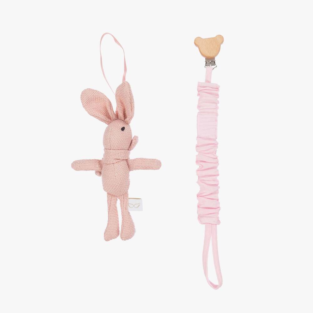 Jamiks-Pink Cotton Rabbit Muslin & Dummy Clip Set  | Childrensalon