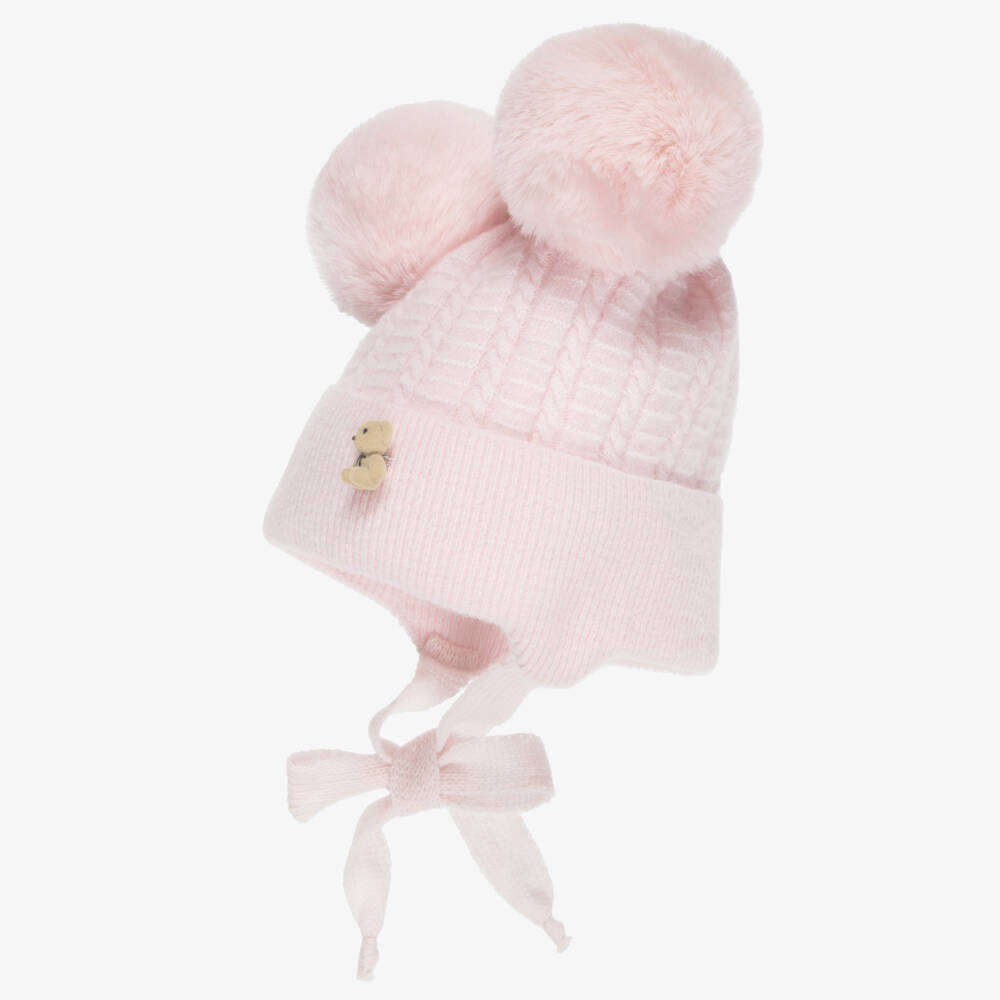 Jamiks-Pink Merino Wool Baby Hat with Teddy & Pom-Poms | Childrensalon