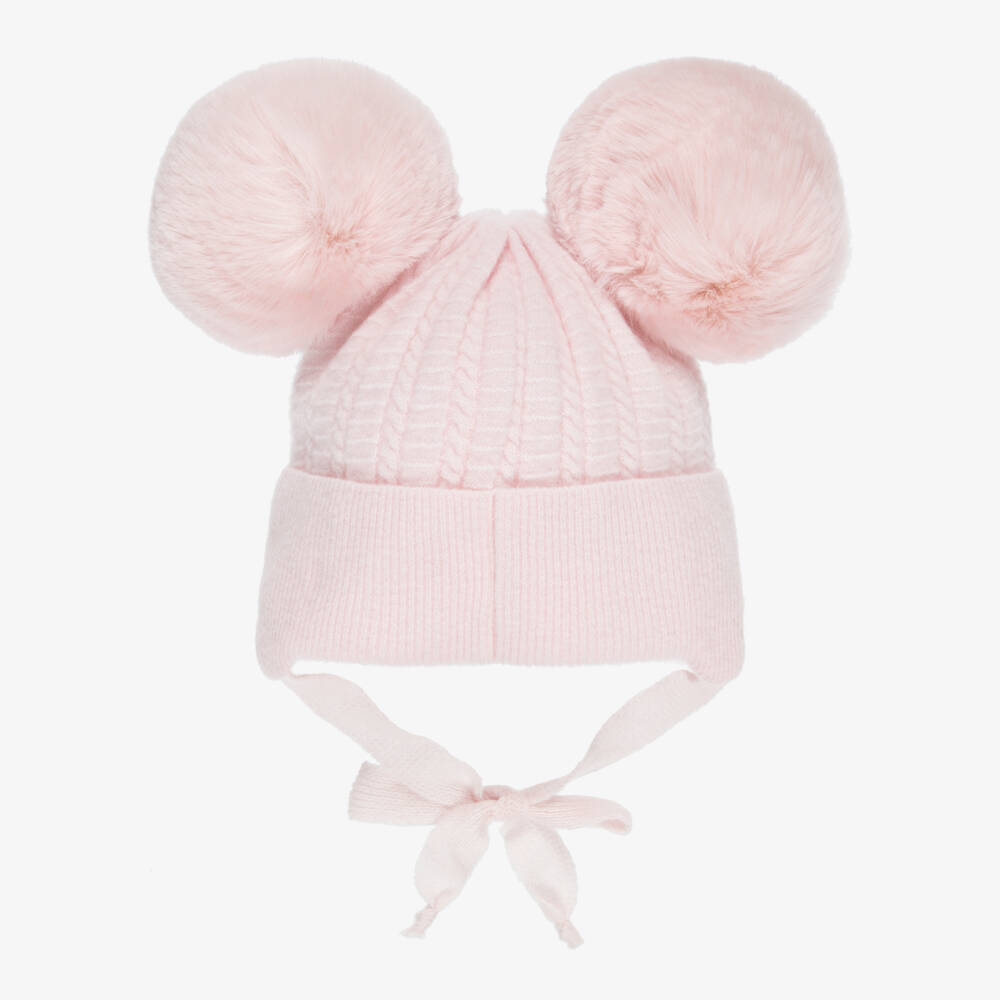 Jamiks-Pink Merino Wool Baby Hat with Teddy & Pom-Poms | Childrensalon