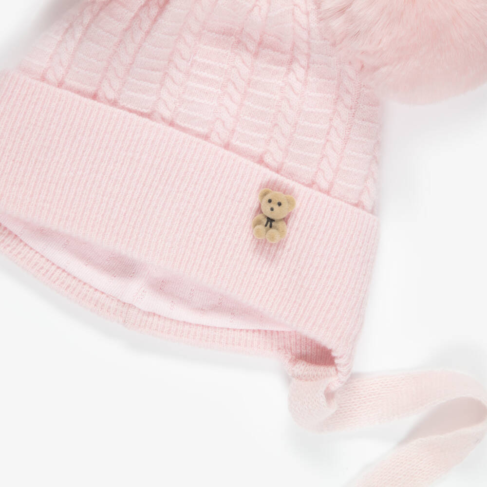 Jamiks-Pink Merino Wool Baby Hat with Teddy & Pom-Poms | Childrensalon