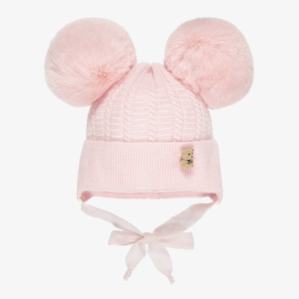 Jamiks-Pink Merino Wool Baby Hat with Teddy & Pom-Poms | Childrensalon