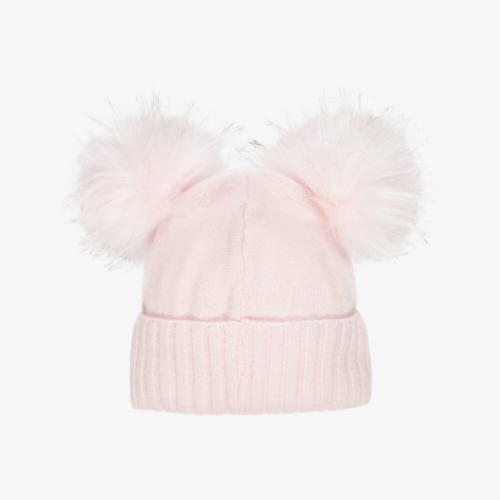 Jamiks-Pink Merino Wool Hat with Faux Fur Pom-Poms | Childrensalon