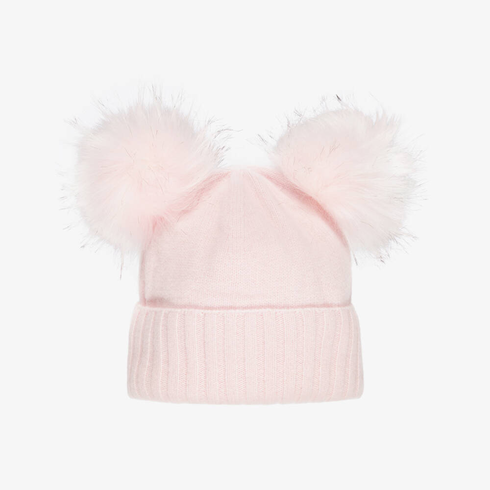 Jamiks-Pink Merino Wool Hat with Faux Fur Pom-Poms | Childrensalon