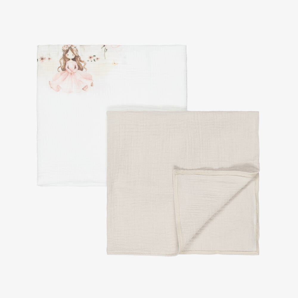 Jamiks-White & Beige Cotton Princess Muslin Cloths (2 Pack) | Childrensalon