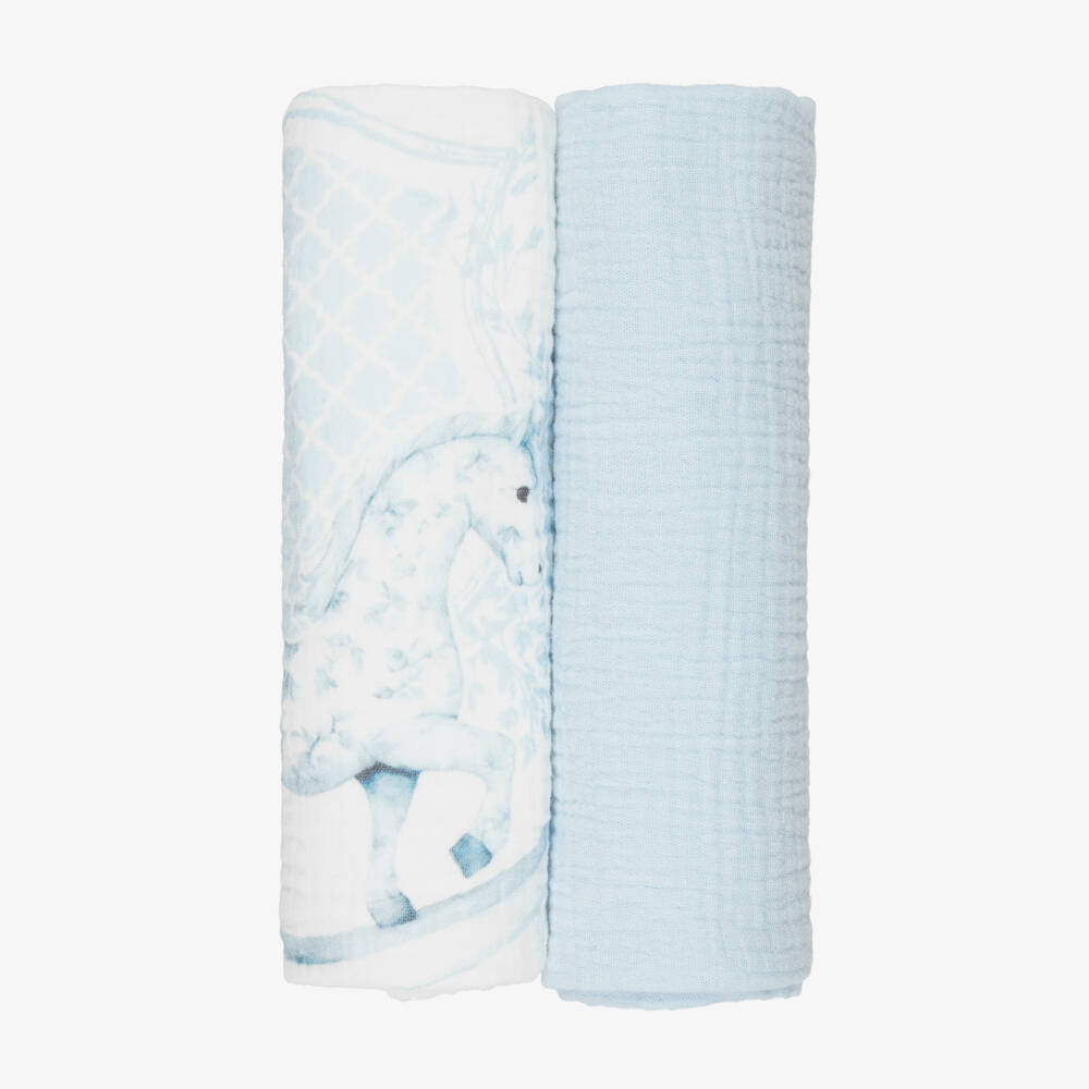 Jamiks-White & Blue Cotton Rocking Horse Muslin Cloths (2 Pack) | Childrensalon