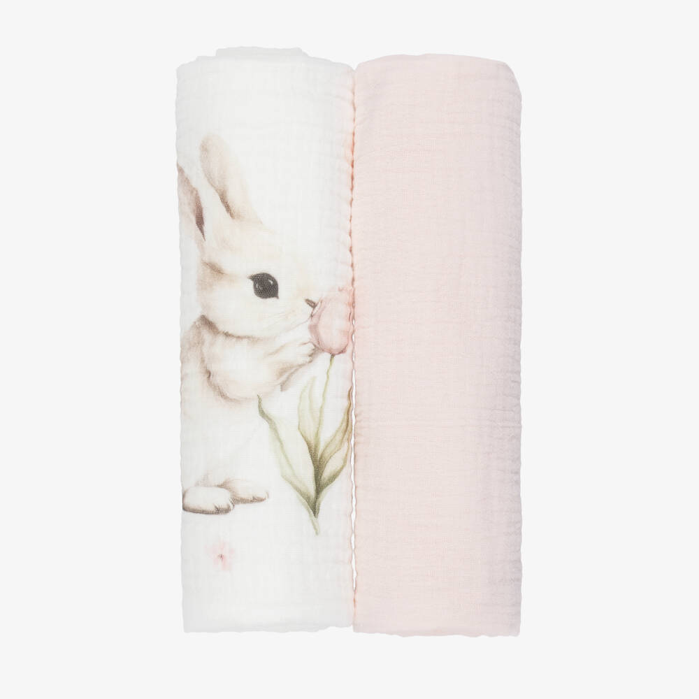 Jamiks-White & Pink Cotton Bunny Muslin Cloths (2 Pack) | Childrensalon