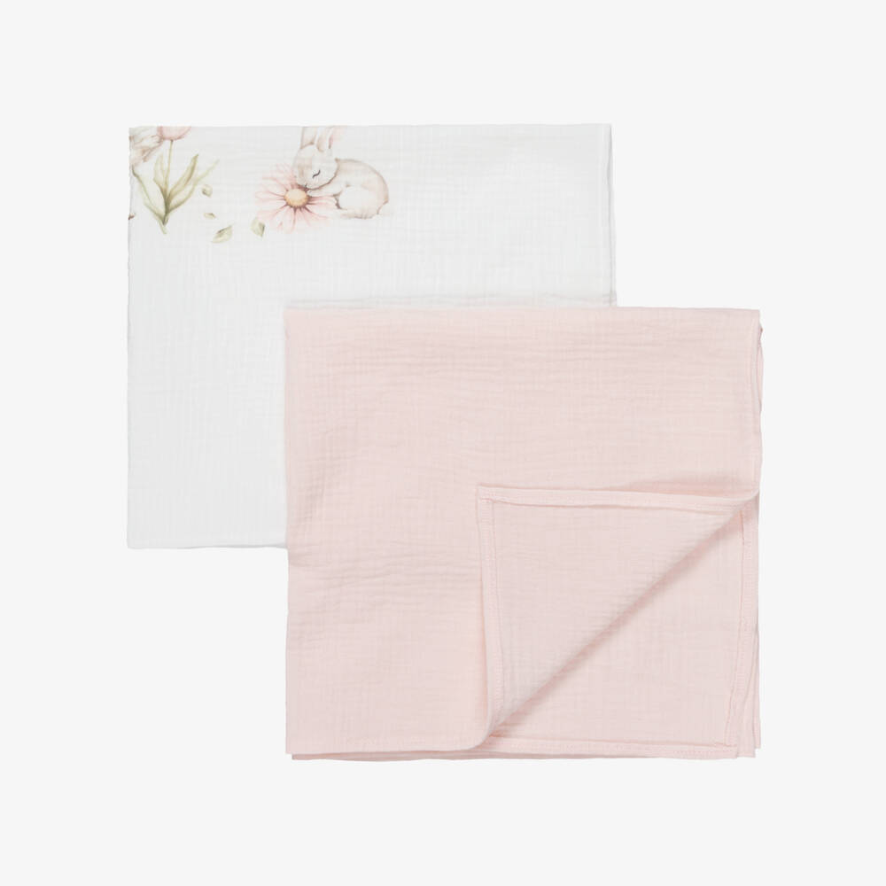 Jamiks-White & Pink Cotton Bunny Muslin Cloths (2 Pack) | Childrensalon