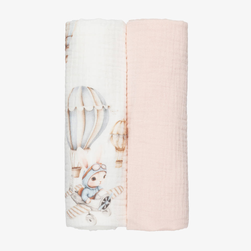 Jamiks-White & Pink Cotton Hot Air Balloon Muslin Cloths (2 Pack) | Childrensalon