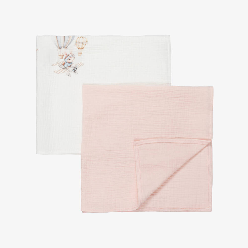 Jamiks-White & Pink Cotton Hot Air Balloon Muslin Cloths (2 Pack) | Childrensalon