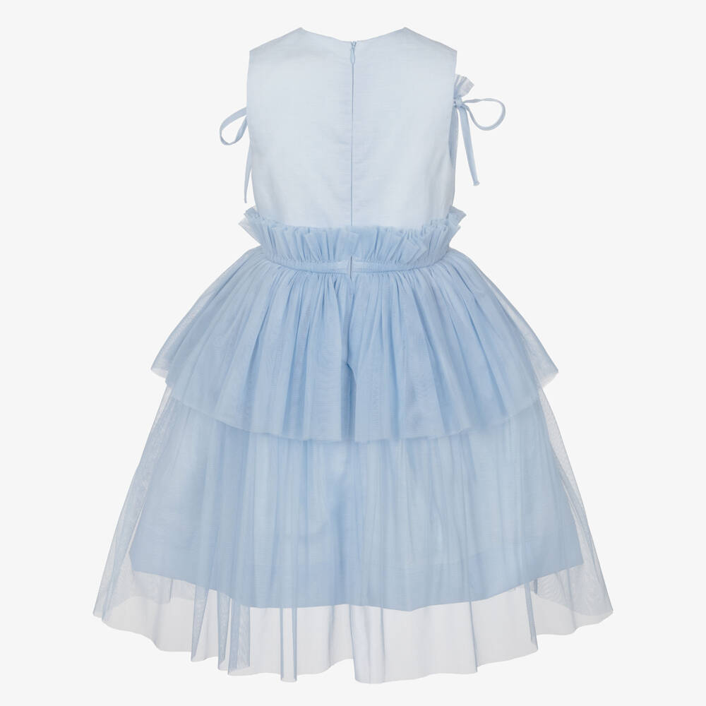 Jessie and James London-Girls Blue Sleeveless Dress with Gathered Tulle Overlay | Childrensalon