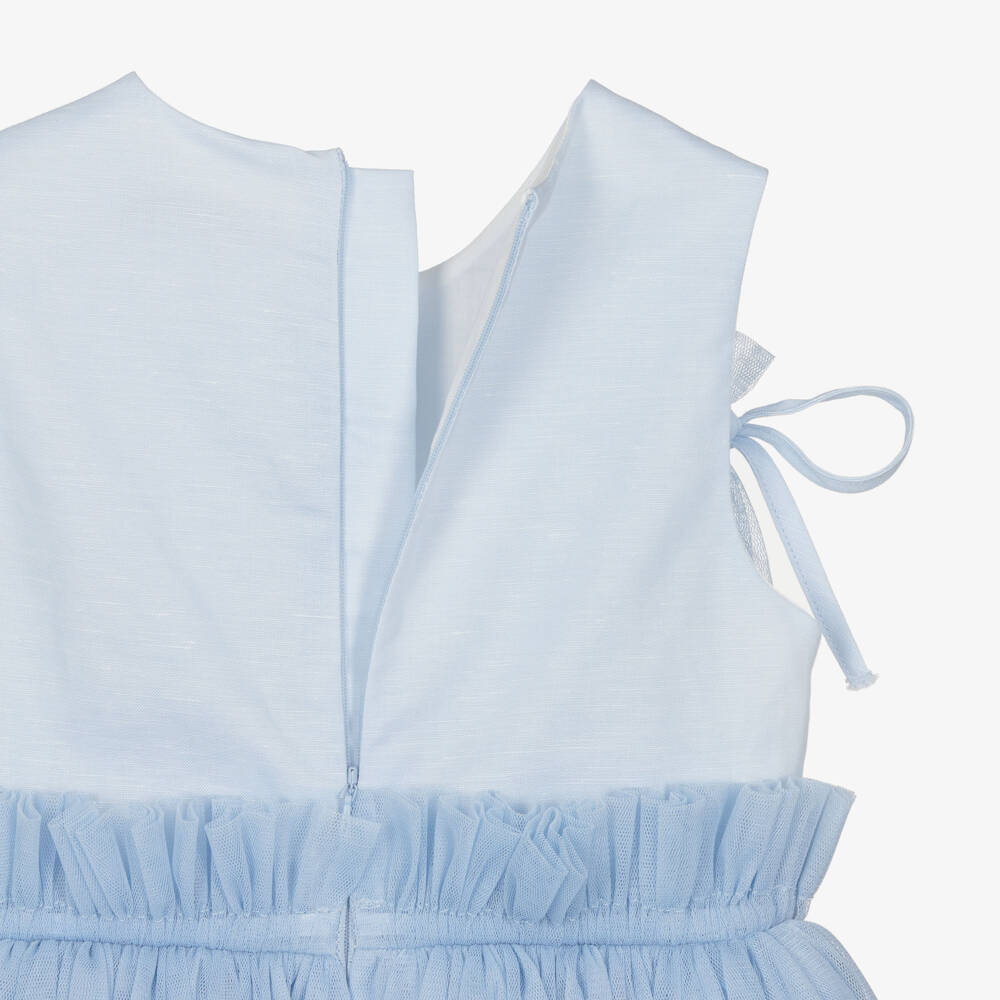 Jessie and James London-Girls Blue Sleeveless Dress with Gathered Tulle Overlay | Childrensalon
