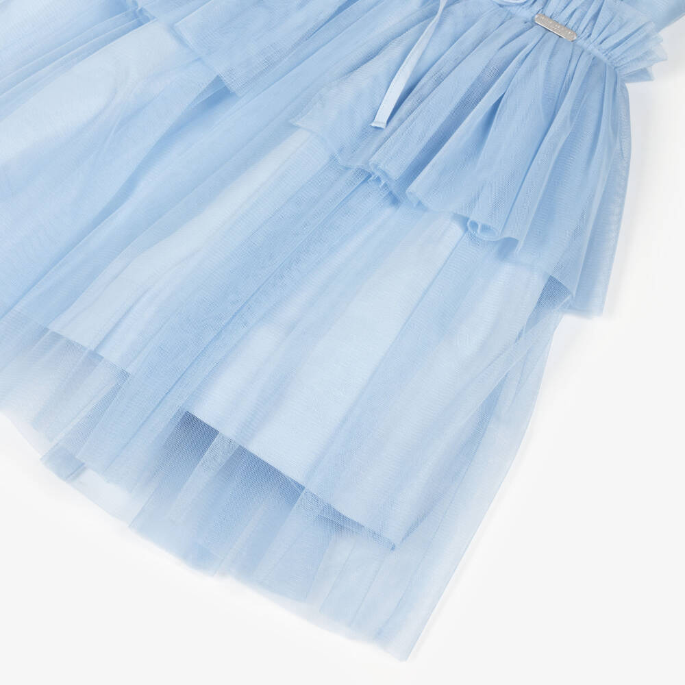 Jessie and James London-Girls Blue Sleeveless Dress with Gathered Tulle Overlay | Childrensalon
