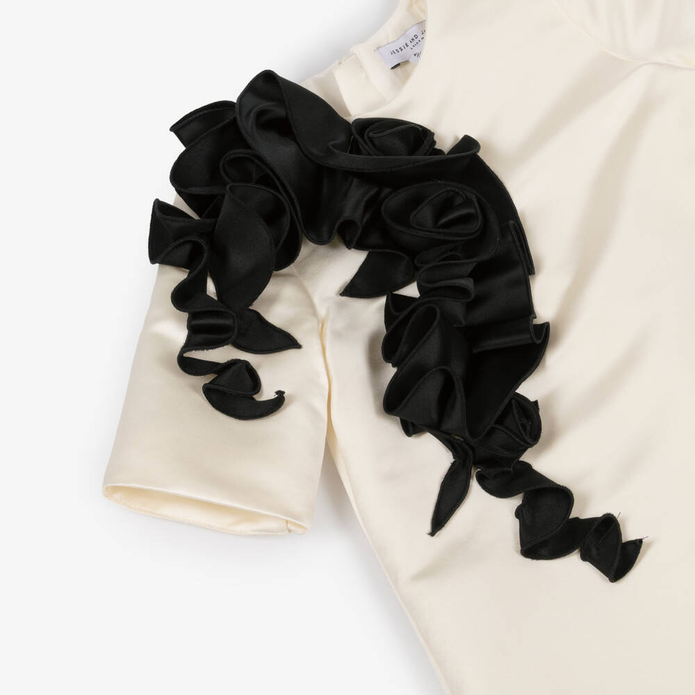 Jessie and James London-Girls Ivory Satin Dress with Abstract Black Ruffle | Childrensalon