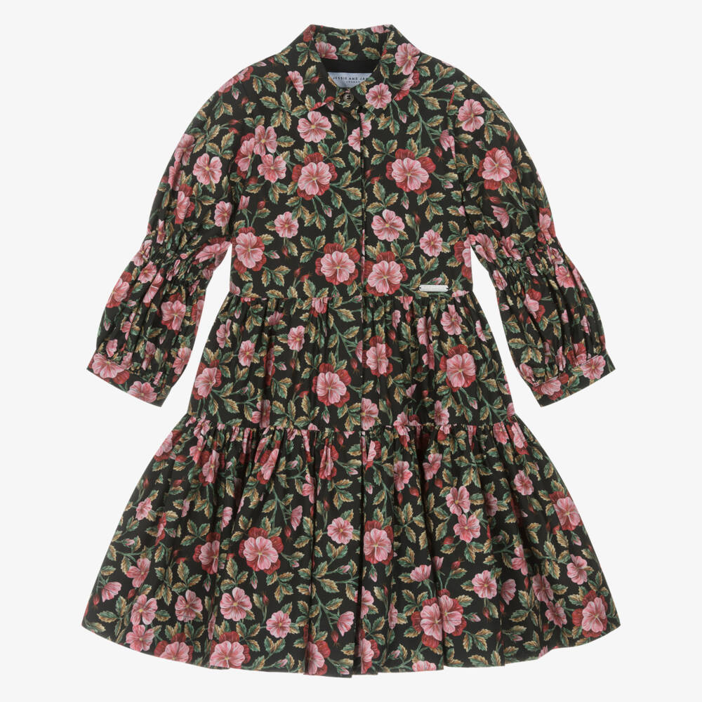 Jessie and James London-Girls Black Cotton Dress with Green Floral Liberty Fabric | Childrensalon