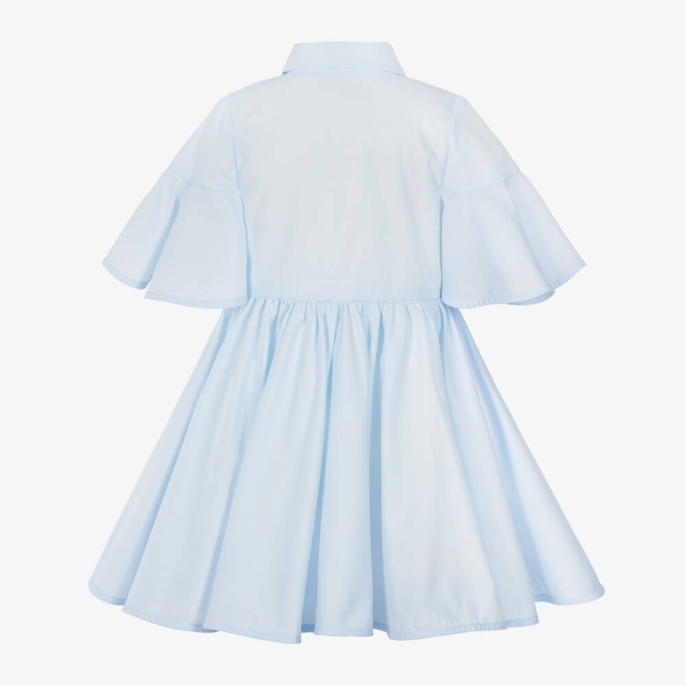 Jessie and James London-Girls Blue Cotton Twill Dress with Floral Appliqués | Childrensalon