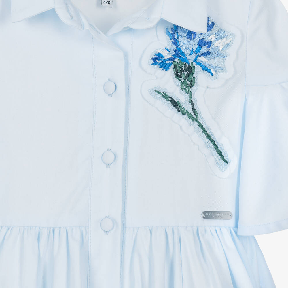 Jessie and James London-Girls Blue Cotton Twill Dress with Floral Appliqués | Childrensalon