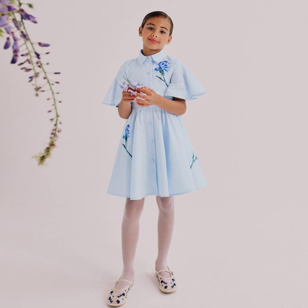 Jessie and James London-Girls Blue Cotton Twill Dress with Floral Appliqués | Childrensalon