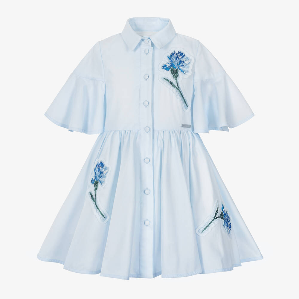Jessie and James London-Girls Blue Cotton Twill  Dress with Floral Appliqués | Childrensalon