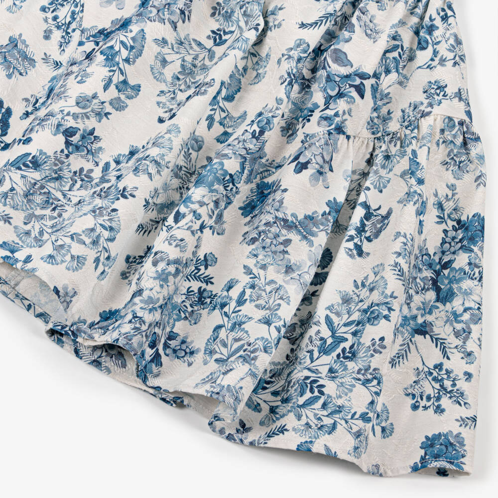 Jessie and James London-Girls Blue Floral Jacquard Dress with Puffed Sleeves | Childrensalon