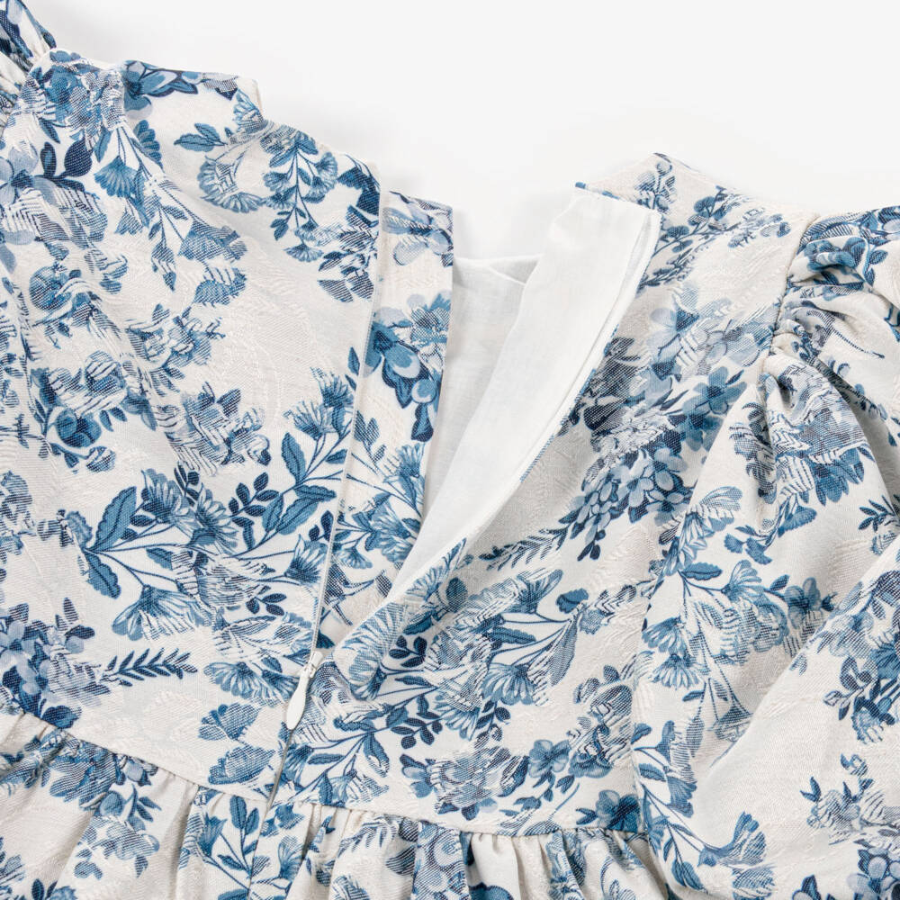 Jessie and James London-Girls Blue Floral Jacquard Dress with Puffed Sleeves | Childrensalon