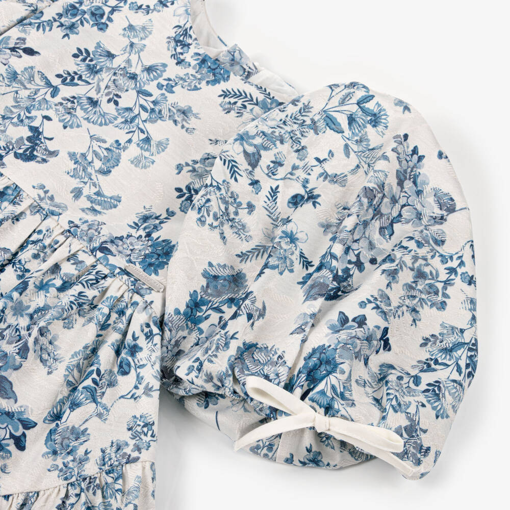 Jessie and James London-Girls Blue Floral Jacquard Dress with Puffed Sleeves | Childrensalon