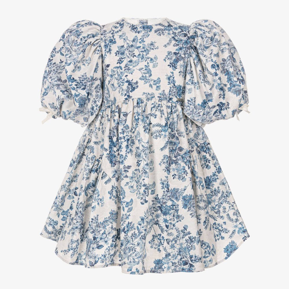 Jessie and James London-Girls Blue Floral Jacquard Dress with Puffed Sleeves | Childrensalon