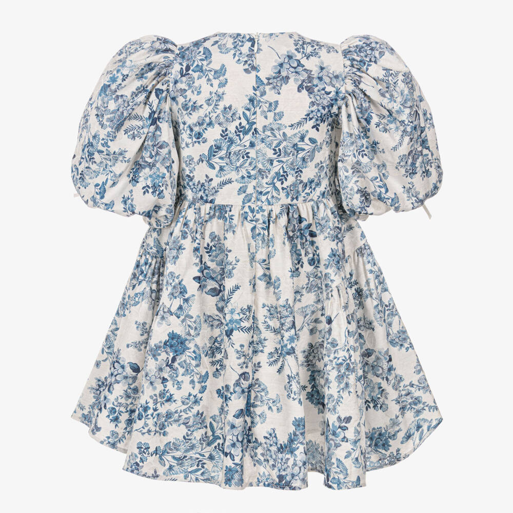 Jessie and James London-Girls Blue Floral Jacquard Dress with Puffed Sleeves | Childrensalon