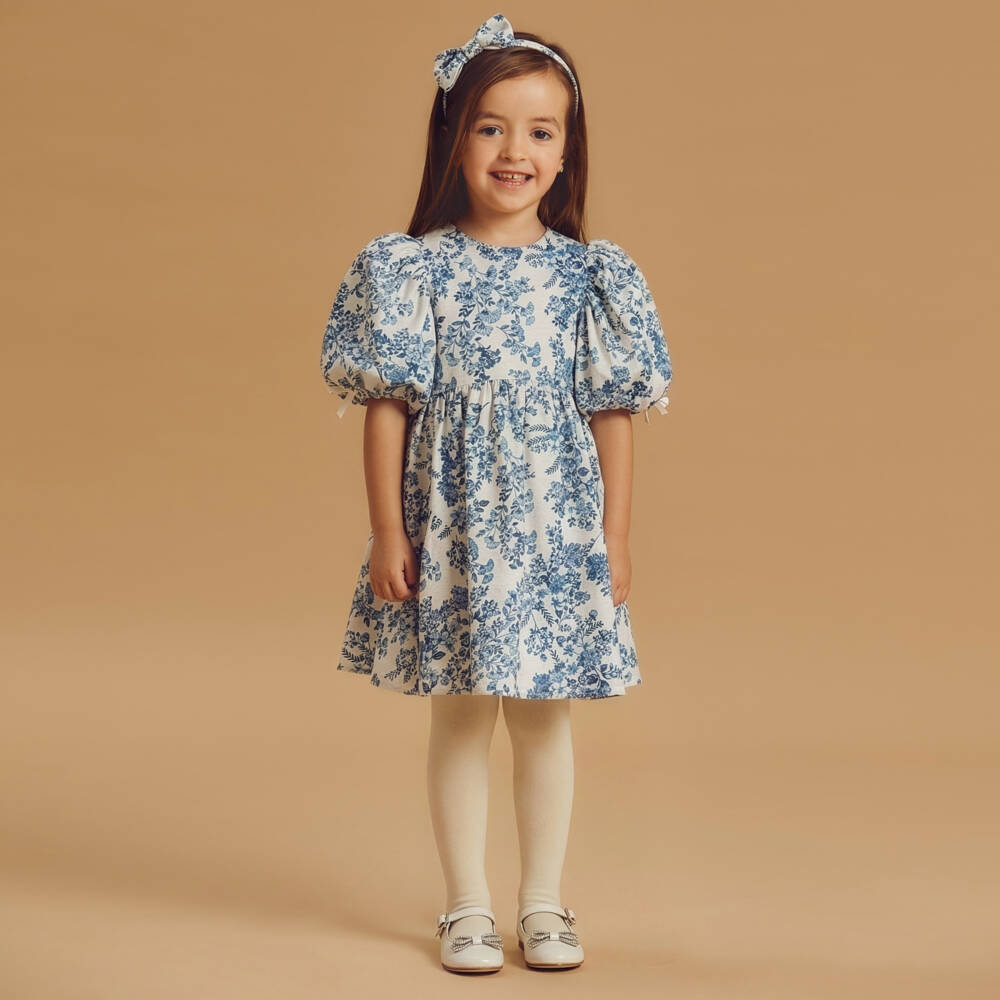 Jessie and James London-Girls Blue Floral Jacquard Dress with Puffed Sleeves | Childrensalon