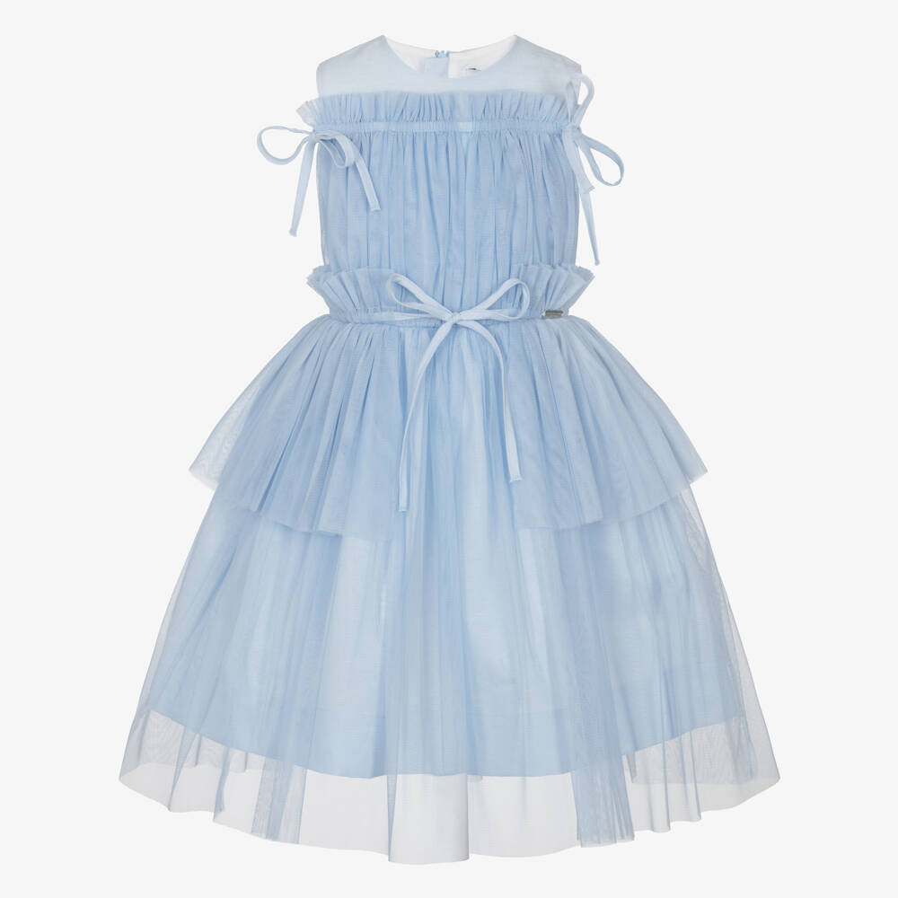 Jessie and James London-Girls Blue Sleeveless Dress with Gathered Tulle Overlay | Childrensalon