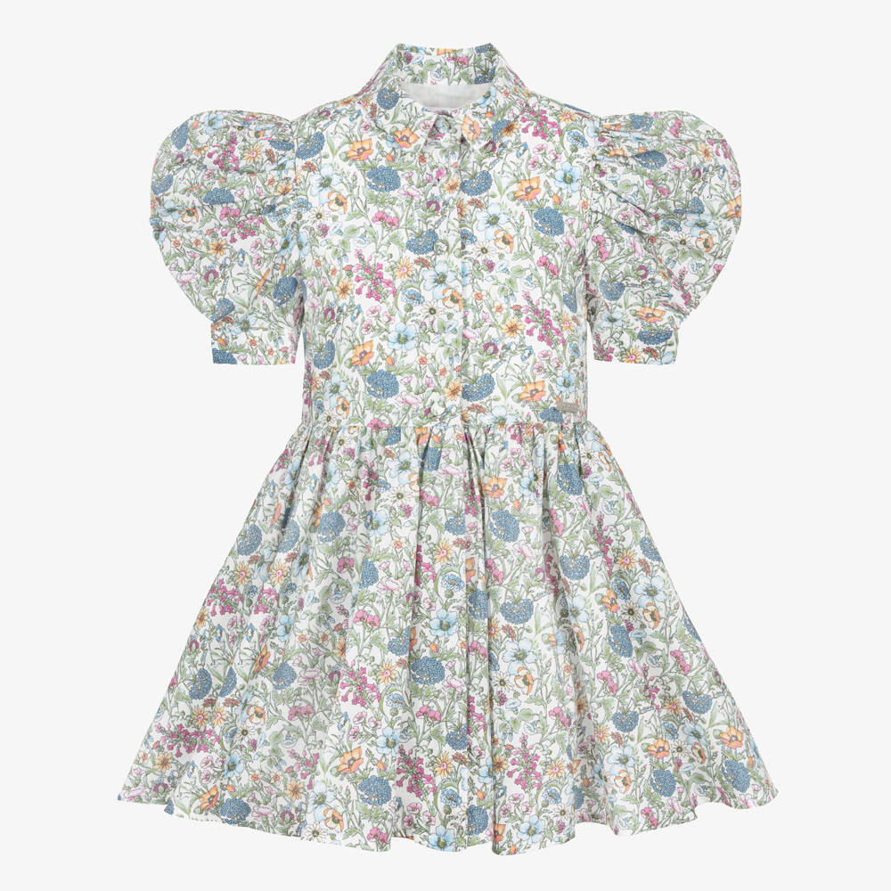 Jessie and James London-Girls Green Floral Print Cotton Dress with Puffed Sleeves | Childrensalon