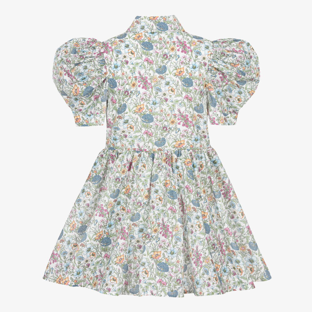 Jessie and James London-Girls Green Floral Print Cotton Dress with Puffed Sleeves | Childrensalon