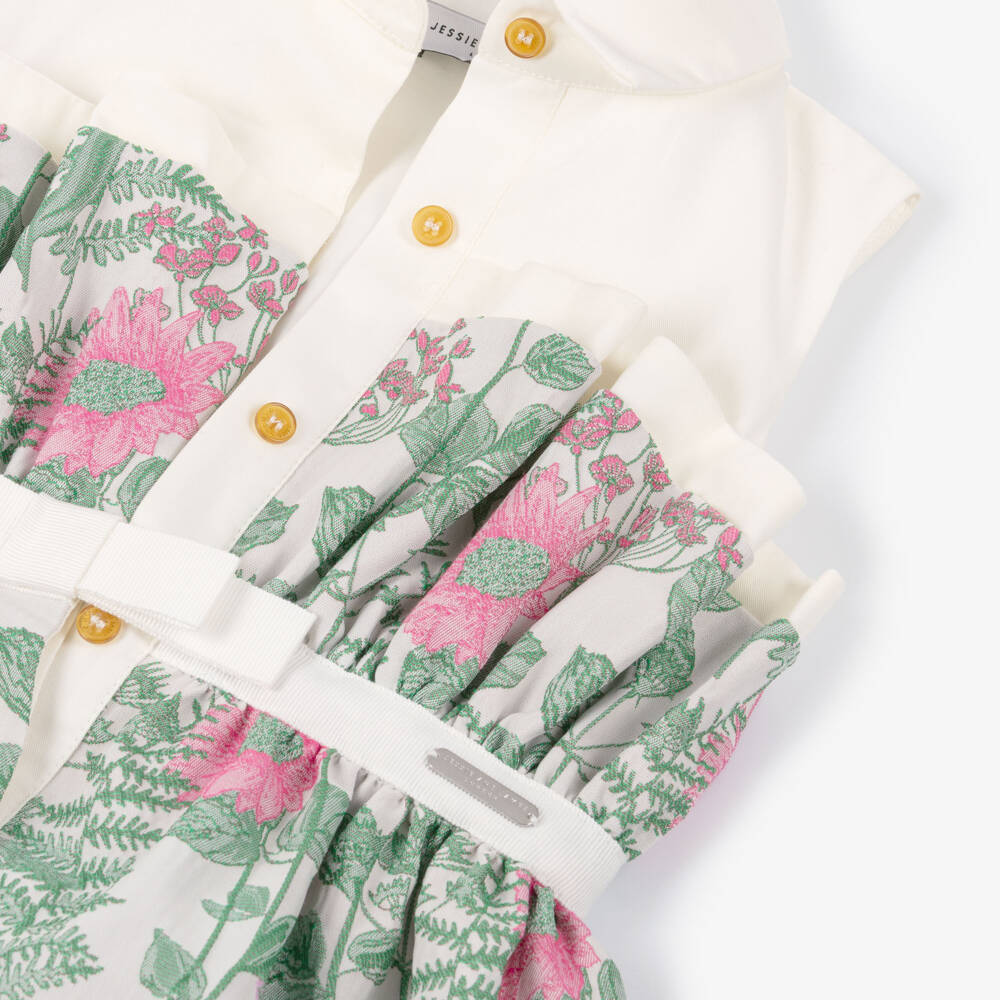 Jessie and James London-Girls Green & Pink Floral Jacquard Dress | Childrensalon