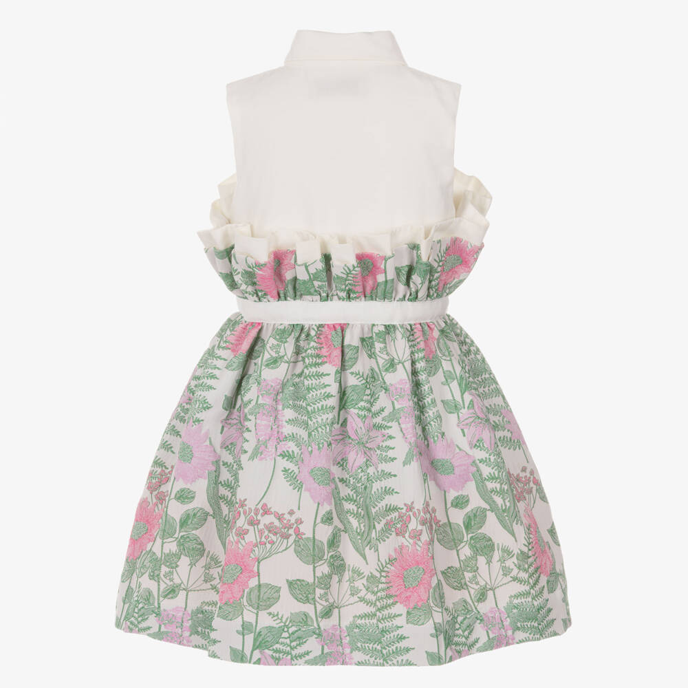 Jessie and James London-Girls Green & Pink Floral Jacquard Dress | Childrensalon