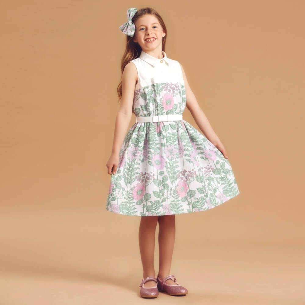 Jessie and James London-Girls Green & Pink Floral Jacquard Dress | Childrensalon