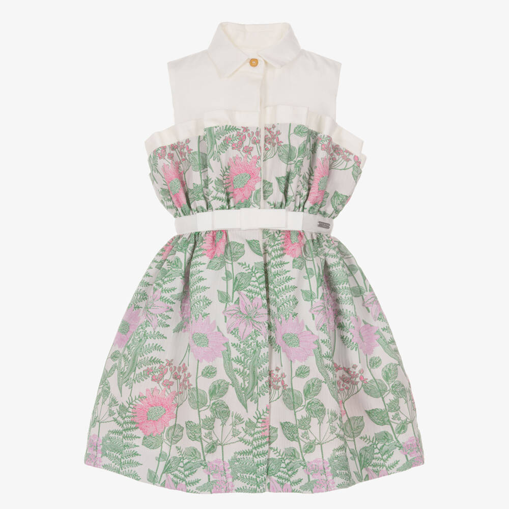 Jessie and James London-Girls Green & Pink Floral Jacquard Dress | Childrensalon