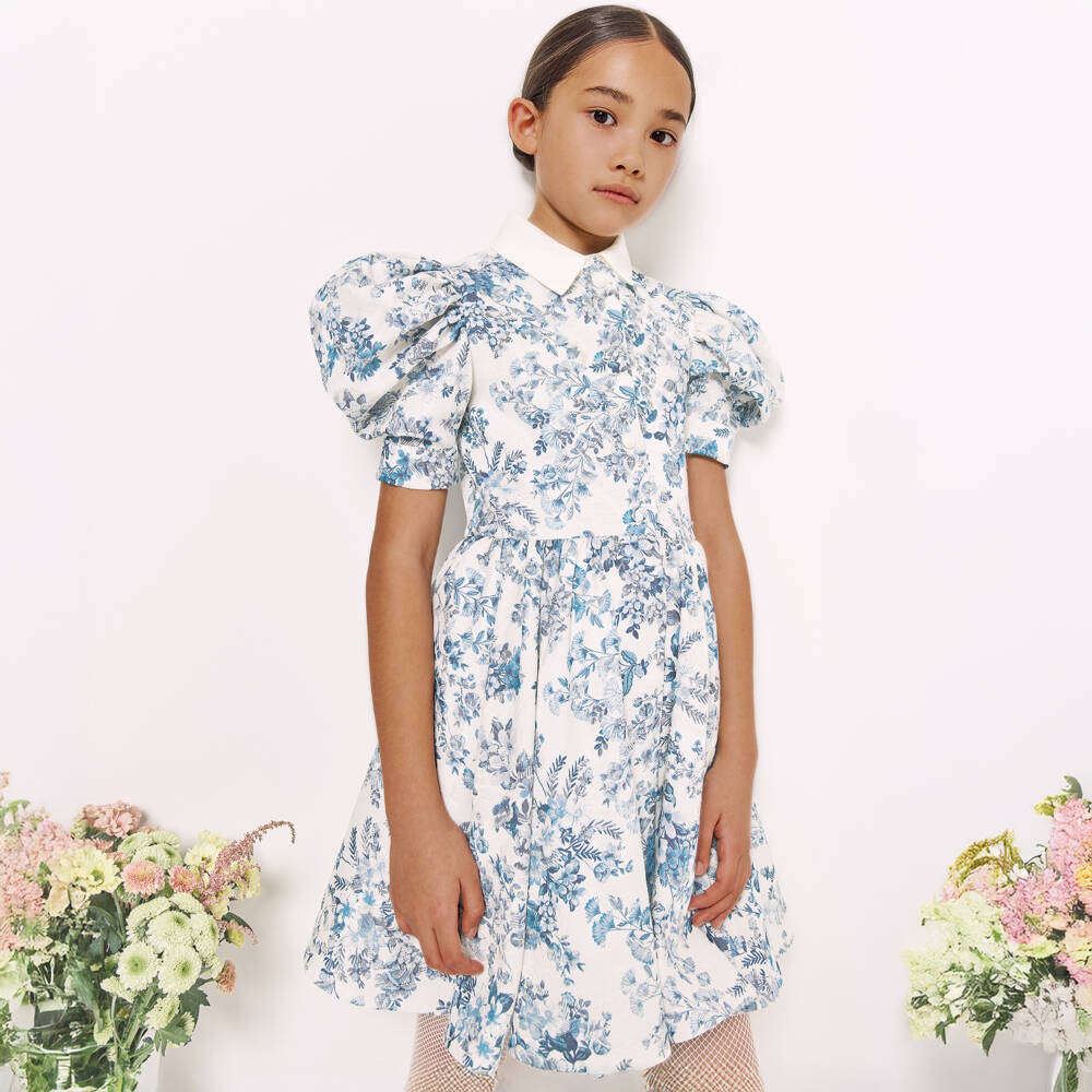 Jessie and James London-Girls Ivory & Blue Floral Jacquard Dress | Childrensalon