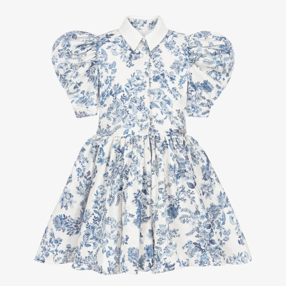 Jessie and James London-Girls Ivory & Blue Floral Jacquard Dress | Childrensalon